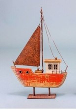 Rustic Wooden Sailing Boat Red / Orange Nautical Ornament Sculpture Decor (22cm)
