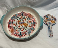Anthropologie Annevieve Stoneware Baking Pie  Dish & Spoon Rest Birds Flowers