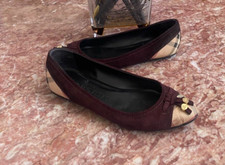 BURBERRY Burgundy Suede Nova Check Cap Toe Ballet Flats Size 37.5 /US 7.5 EUC!