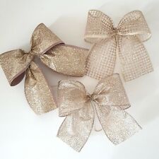 3 x Wired Champagne Gold Ribbon Christmas Tree Bows Decoration Champ Glitter Bow