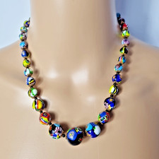 Blue  Murano Glass Bead Necklace Venetian Glass Millefiori Beads 18 inch