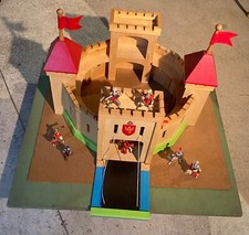 Vintage Large WOODEN CASTLE with DRAWBRIDGE, removable turrets, flags & 7 pieces