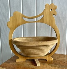 Foldable Collapsible Chicken Hen Shape Carved Wooden Vegetable Fruit Bowl 11”