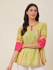 FABINDIA Tunic Top Large Cotton Lime & Raspberry Striped Round Neckline