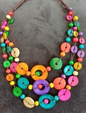 Hand crafted Boho  Wooden button bead Necklace Multi Strand rainbow colours NEW 