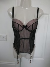 M&S BLACK SEMI SHEER PADDED UNDERWIRED BASQUE WITH SUSPENDERS 34 D