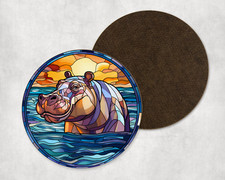 Beautiful Hippo Animal Stained Glass Round Coaster Tea Coffee Present Gift