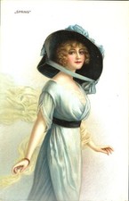 Art Nouveau pretty lady portrait Spring postcard colour printed C W Faulkner 