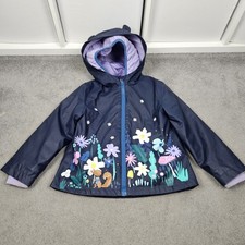 M&S Floral Raincoat Girls Age 5-6 Years Navy Hooded Waterproof Jacket Coat Layer