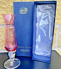 Antique Bohemia Crystal Vase in Pink With Floral Etching by Henry Marchant Boxed