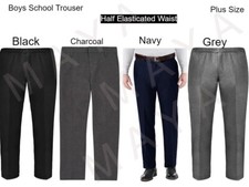 BOYS SCHOOL TROUSERS  BIG WAIST  PLUS SIZE HALF ELASTICATED 2-17 YEARS