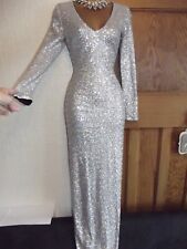 £80 ❤️Fab JANE NORMAN Vintage Silver Long Evening Wiggle Sequin Dress Size 10