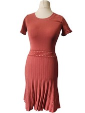 Sandro Paris Ribbed Knit Dress Studded Detail Short Sleeve Pink Size XS