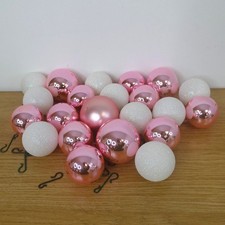 Set of Pink and White Christmas Tree Baubles Ornaments Glitter