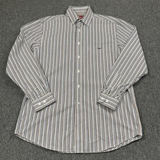 RM Williams Shirt Mens Small White Blue Brown Striped Longhorn Logo Western