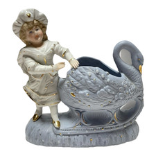 Antique German Bisque Spill Vase Boy with Swan Posy Figurine c1900 Model 3521