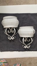 Set (2)White Metal Wall Pocket Hanging Planter Basket VTG Cottagecore Home Decor