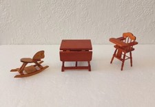 Wooden Dolls House Furniture Three Piece's Table, Highchair & Rocking Horse