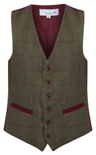MENS WOOL Blend Blenheim Green and Claret TWEED Check Waistcoat Quality Vest 