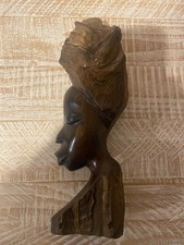 26 cm African Woman Tribal Vintage Hand Calved Wooden Bust Figurine Sculpture