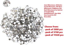 2mm Silver Rhinestones SS6, Flat Back Non-Stick Gem Crystal Diamantes Nail Art