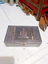 HANDMADE INDIAN SILVER ALUMINIUM  EMBOSSED JEWELLERY/TRINK BOX - BUDDHA DESIGN