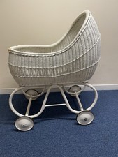 Antique White Wicker Cradle For A Baby With Working Wheels