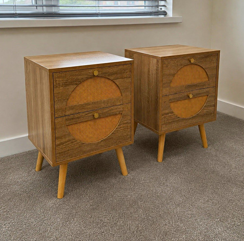 Set oak rattan bedside - 2,