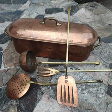 Vintage  Copper Fish Poacher kettle Handled Tin Lining w/Lid and utensils 