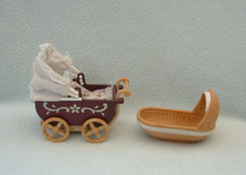 Vintage Sylvanian Families Epoch pram and wicker look cradle cot - early 2000s?