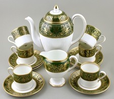 WEDGWOOD CHINA FLORENTINE ARRAS GREEN COFFEE SET FOR 6 - CUPS JUG POT EXCELLENT!