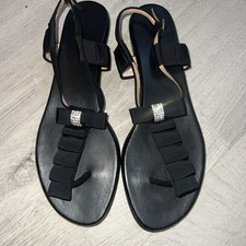 Aruna Seth London Designer Luxury Black Summer Sandals Crystals On Bow Size 7.5