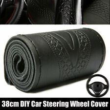Black 38cm DIY Genuine Leather Car Steering Wheel Cover Embossing Needles&Thread