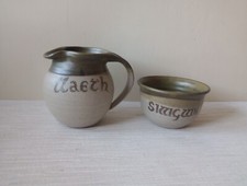 Vintage Tregaron Cymru Studio Pottery Milk Jug Sugar Bowl Welsh Llaeth Stoneware