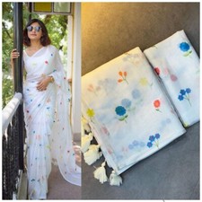 Linen cotton silk digital floral print saree indian women white ethnic wear sari