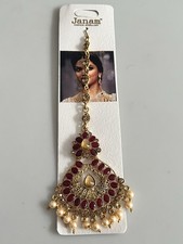 Indian Pakistani Maang Tikka Maroon Gold Stones Gold Plated Bridal Matha Tikka