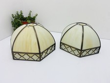 Tiffany Style Light Lamp Shade Hexagonal Stained Cream Glass Brass Leaded Pair