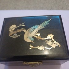 Vintage Black Lacquered Jewellery Box Mother of Pearl Inlay Bird in Branches  