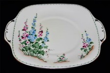 Crown Staffordshire F13501 Pink & Blue Hollyhock w/Green Band, Square Cake Plate