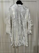 ZARA WHITE AND SILVER CONTRAST SEQUIN DRESS WITH FEATHER APPLIQUES SIZE XS
