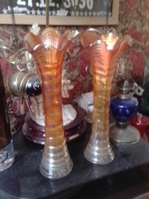 Pair Of Marigold Ripple 12 Inch Carnival Glass Vases