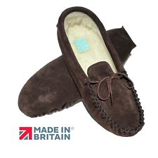 Mens Moccasin Slippers Brown Soft Sole Real Suede Wool Lining Cooper Footwear