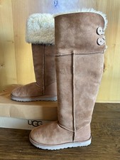 UGG OVER THE KNEE BAILEY BUTTON BOOTS 8 CHESTNUT HOLOGRAM GUC FUR RARE!