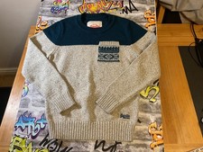 Superdry Jumper Mens Large cream bluePullover Sweater Nordic Knit Fair Isle Crew