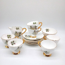 GLADSTONE Vintage Bone China Coffee Cups & Saucers White Rose & Gold for 6