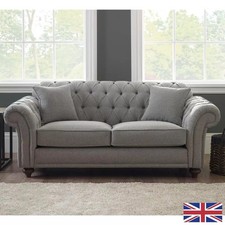 Bordeaux Button Back Grey Fabric 2 Seater Sofa Wood Legs Brand New