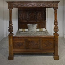 Exquisite vintage Carved Oak Four Poster Bed with Canopy, mid 20th century.