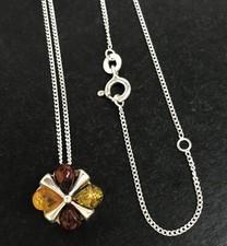 Multicolour amber small flower necklace pendant, Solid Sterling Silver, chain.