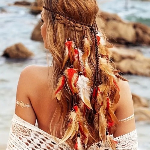 Boho feather headband - headband, rainbow