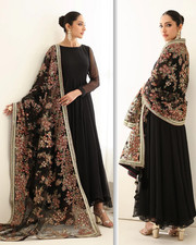 Pakistani Designer Embroidered Black Frock Unstitched Suit 3 PC Shalwar Kameez